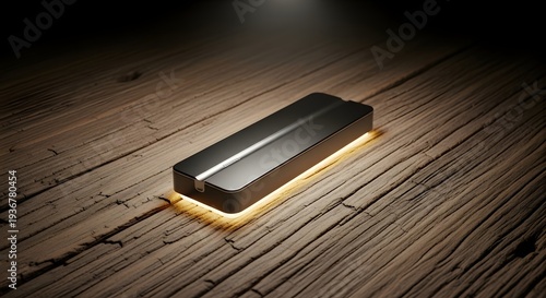 A rectangular metallic object glows on a wooden floor under a spotlight view
