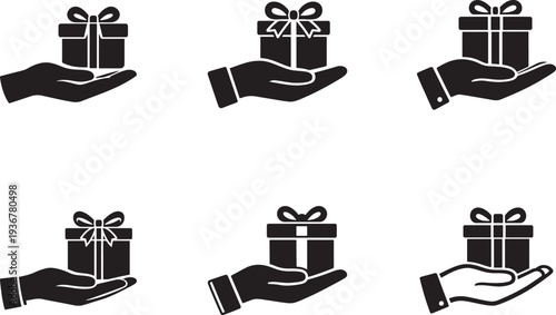Hand holding gift icon vector set. Donation, charity, present giving concept line icons collection.