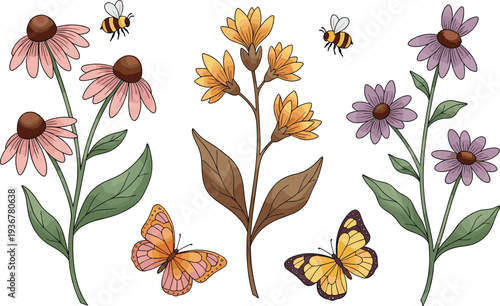 Wildflowers with Bees and Butterflies Botanical Garden Flowers Vector Illustration Set