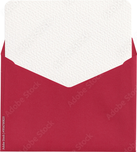 Red paper envelope with a white textured card inside, top view with visible paper grain and clean geometric shape.