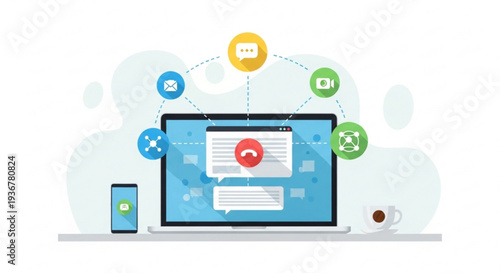 Laptop and smartphone with social media icons floating above online communication and networking concept