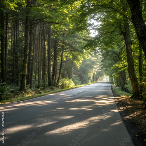 Calm road surrounded by tall trees, soft golden sunlight filtering through leaves.