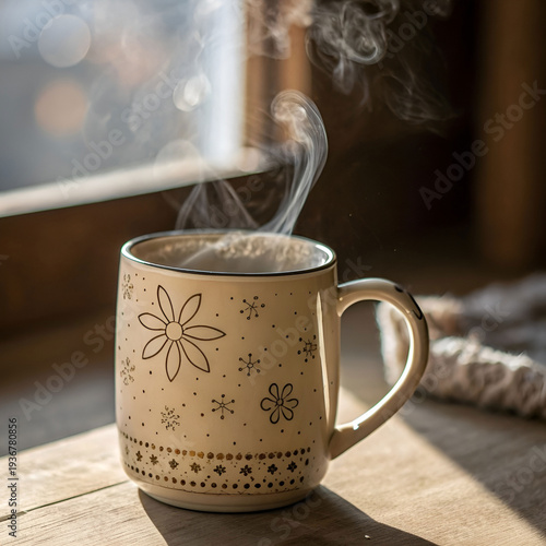 Aesthetic mug with steam rising, soft morning light, cozy atmosphere.
