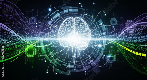 Glowing digital brain with vibrant circuits and data streams on a dark background representing artificial intelligence and technology