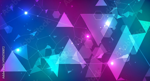 Vibrant geometric background with glowing triangles and neon lights in blue pink and purple hues for tech or design concepts