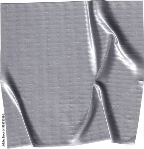 Crumpled silver duct tape sheet with wrinkles, folds and embossed texture, isolated on transparent background. Realistic adhesive tape element suitable for repair concepts, collage compositions, packa