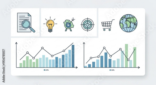 Business data analysis with graphs and icons on a white background for presentations and reports