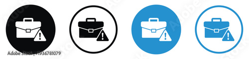 Business briefcase icon with an exclamation warning sign. Represents portfolio risk, job alerts, work errors, or urgent professional notifications. Clean flat design in black and blue variations.