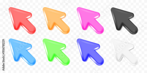 3D Arrow Cursor Icon Set in Red Orange Pink Purple Blue Green White Black Colors. Minimal Mouse Pointer Icons Isolated on White Background Vector Illustration