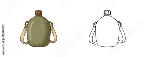 Military style water flask and its line art version in cartoon style for hiking or camping hydration equipment representation isolated on a white background