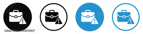 Business briefcase icon with an exclamation warning sign. Represents portfolio risk, job alerts, work errors, or urgent professional notifications. Clean flat design in black and blue variations.