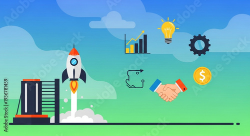 Business launch concept with rocket ship taking off representing growth and success in entrepreneurship