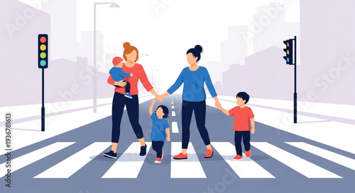 Happy family crossing urban street at pedestrian traffic lights sunny day