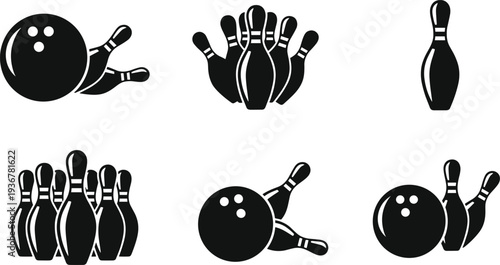Bowling ball and pins silhouette set, strike and spare sports icons, cad drawing flat vector illustration, isolated game equipment elements