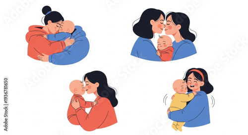 Mother and baby bonding moments in cozy colorful wraps and blankets