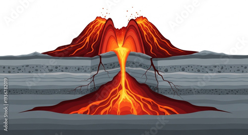 Erupting volcano illustration with lava flow and molten magma natural disaster concept geological formation