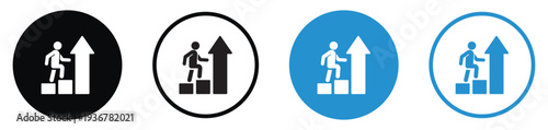 Figure climbing steps with a rising arrow, symbolizing career advancement and personal development. Perfect for success, growth, promotion, and professional achievement concepts.