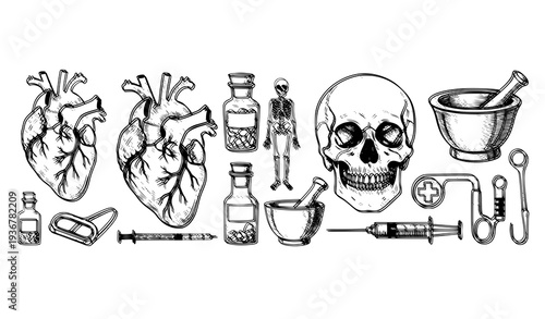 Vintage medical engraving banner with anatomical heart skull skeleton pharmacy bottles and doctor instruments