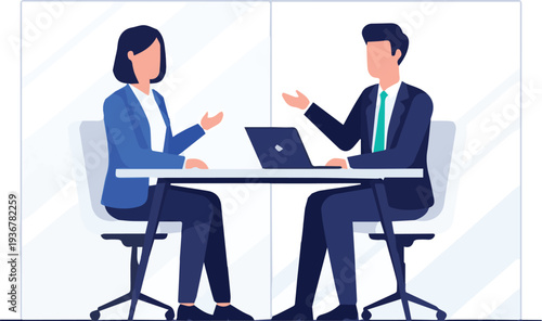 Two professionals engaged in a discussion over a laptop in a modern office setting