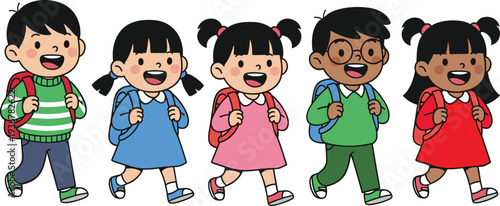 Happy School Children Walking with Backpacks Cartoon Vector Illustration Set