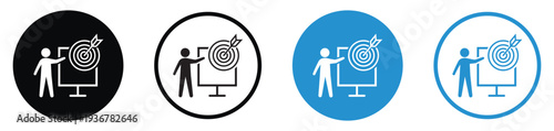 Professional icons featuring a person pointing to a bullseye target on a board. Ideal for concepts involving strategic planning, goal setting, marketing focus, and hitting sales targets.