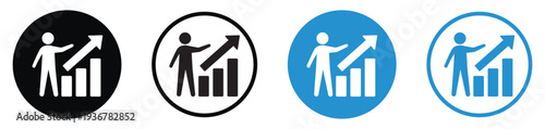 Minimalist vector icons of a person presenting a rising bar chart with an upward arrow. Symbolizes financial growth, data analysis, career advancement, and positive business trends.
