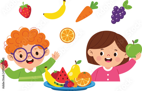 Happy Kids Eating Fresh Fruits Healthy Food Nutrition Concept Cartoon Vector Illustration