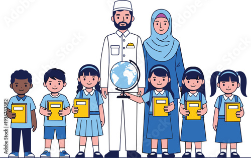 Teacher and Students with Globe Standing Together Education Cartoon Vector Illustration