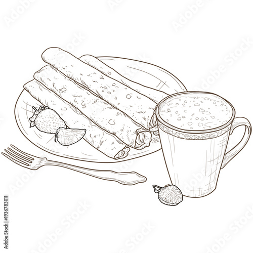 Pancakes rolled into a roll and mug of milk or coffee, hand drawn sketch. Vector illustration. Sweet pastries for Maslenitsa on a plate, fork and cup, isolated on white background. Hand-drawn, not AI