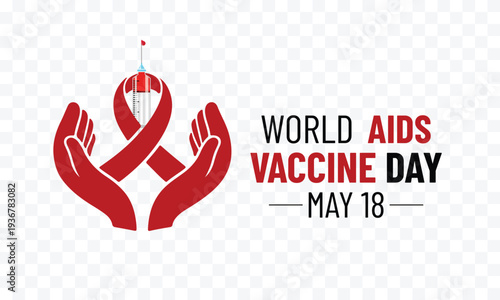 World AIDS Vaccine Day ,Minimal red ribbon and medical vaccine symbols representing awareness with clean vector style. Syringe, vial, ribbon, and medical icons symbolizing global AIDS vaccine .