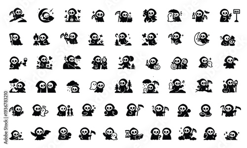 Cute Grim Reaper Kawaii Icon Set Halloween Death Cartoon Vector Collection