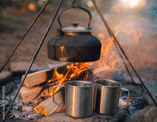 lack kettle over camping campfire with sparks and metal mugs at sunrise
