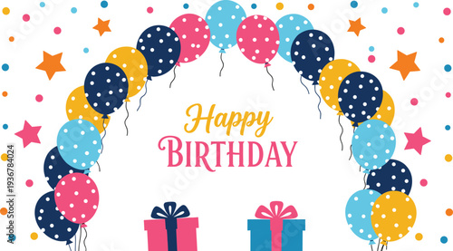 Happy Birthday greeting card with balloon arch and gift boxes, festive celebration background, cad drawing flat vector illustration, party stars