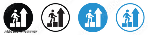 Figure climbing steps with a rising arrow, symbolizing career advancement and personal development. Perfect for success, growth, promotion, and professional achievement concepts.