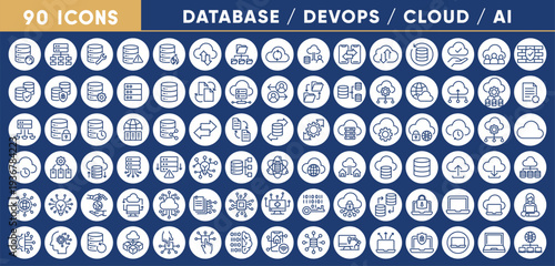 Modern Technology Line Icon Set – Database, DevOps, Cloud, AI and Cybersecurity UI Collection
