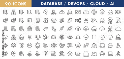 Technology Mega Line Icon Set – Database, DevOps, Cloud Computing, AI, Security and Network Outline Collection