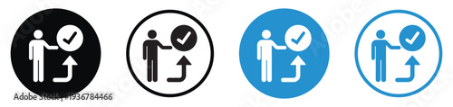 Vector icons of a person pointing to a checkmark and upward arrow. Represents task completion, success, personal growth, and achieving business milestones in a clean, modern style.