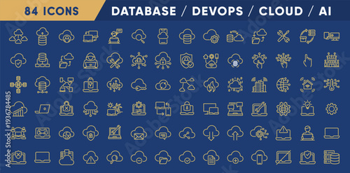 Premium Technology Line Icon Set – Database, DevOps, Cloud, AI, Security and Network Collection