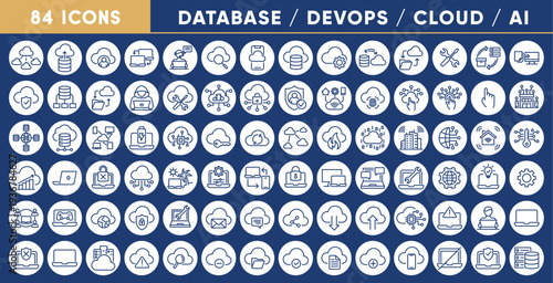 Modern Technology Line Icon Set – Database, DevOps, Cloud, AI and Cybersecurity UI Collection
