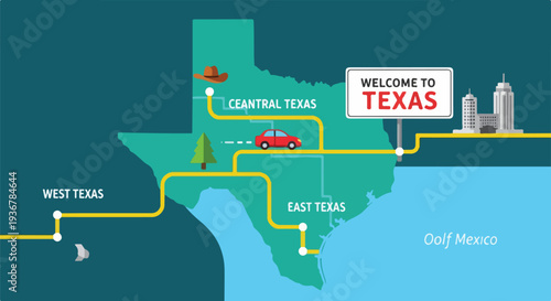 Texas map illustration showing regional divisions, travel routes, and iconic state symbols in a modern flat design style for tourism and geography concepts.