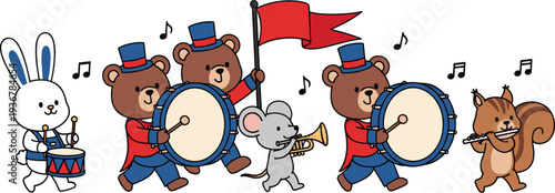 Cute Animal Music Band Parade with Drums Trumpet and Flute Cartoon Vector Illustration