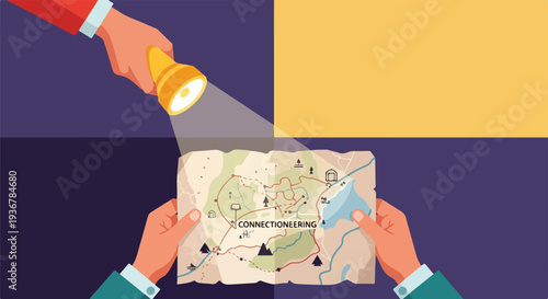 Hands holding a vintage treasure map, illuminated by a flashlight, symbolizing discovery, adventure, search, and strategic planning for a journey or solution.