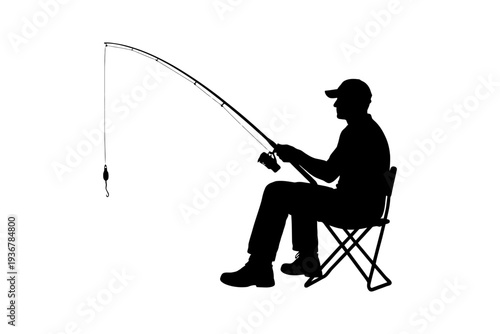 Silhouette of male fishing with rod in chair.