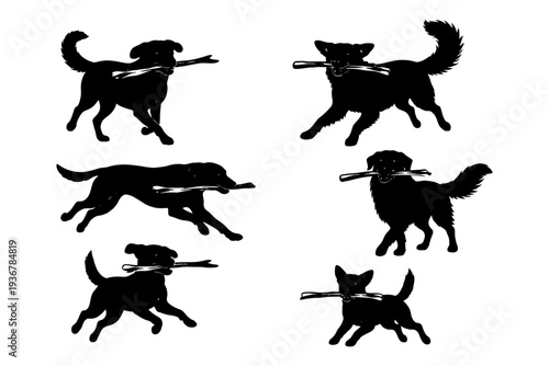 Silhouette of dogs playing with sticks in various poses.