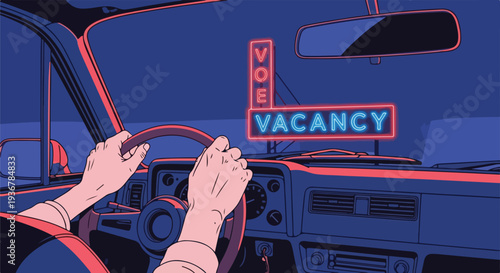 Driving at night, hands on steering wheel, with a vibrant retro neon 'Vacancy' sign in view. Evokes a sense of travel, road trips, and late-night journeys.