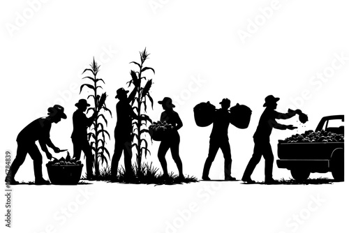Silhouette of diverse farmers harvesting crops by truck.