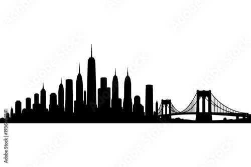 Silhouette of new york city skyline with brooklyn bridge at sunset.