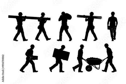 Silhouette collection of workers carrying tools and materials.
