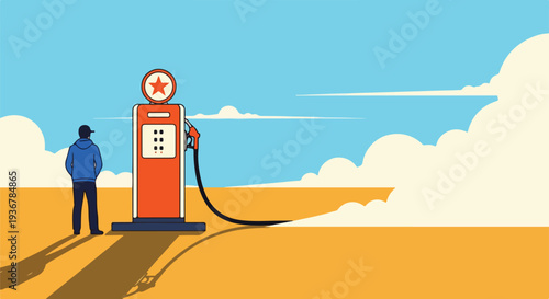 Man standing next to a retro gas pump in a vast, empty desert landscape under a clear blue sky, symbolizing themes of fuel, energy, travel, and the open road.