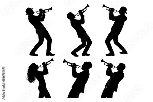 Silhouettes of musicians playing trumpets in various poses.